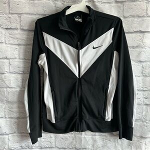 PREOWNED NIKE ZIP FRONT TRACK JACKET BLACK WHITE WOMENS SIZE MEDIUM DRI FIT